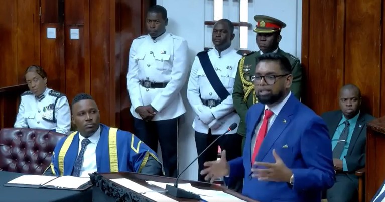 Guyana's President Dr. Irfaan Ali addresses a joint sitting of the Saint Lucia parliament.