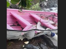 Fishing boat damaged by rough waves in Soufriere.