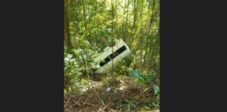 Overturned bus among bushes after running off the road in Vieux Fort.