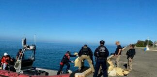 Cocaine seized in the Caribbean Sea being offloaded by Coast Guard officials.