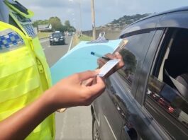 Police officer examines a driver's licence while conducting a traffic check.