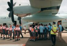 School children visit Hurricane Hunter aircraft on stopover in Saint Lucia.