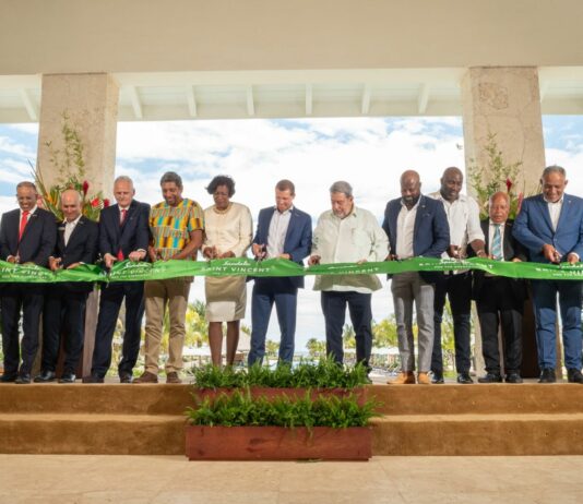 Ribbon cutting at opening of Sandals resort in Saint Vincent and the Grenadines.