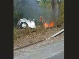 Vehicle catches fire after crash at River Doree, Choiseul.
