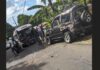 Damaged Suzuki Escudo and ambulance on the scene of Babonneau accident.