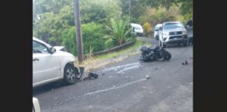 Mangled metal of motorcycle after Barre Denis collision.