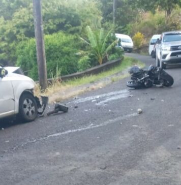 Mangled metal of motorcycle after Barre Denis collision.