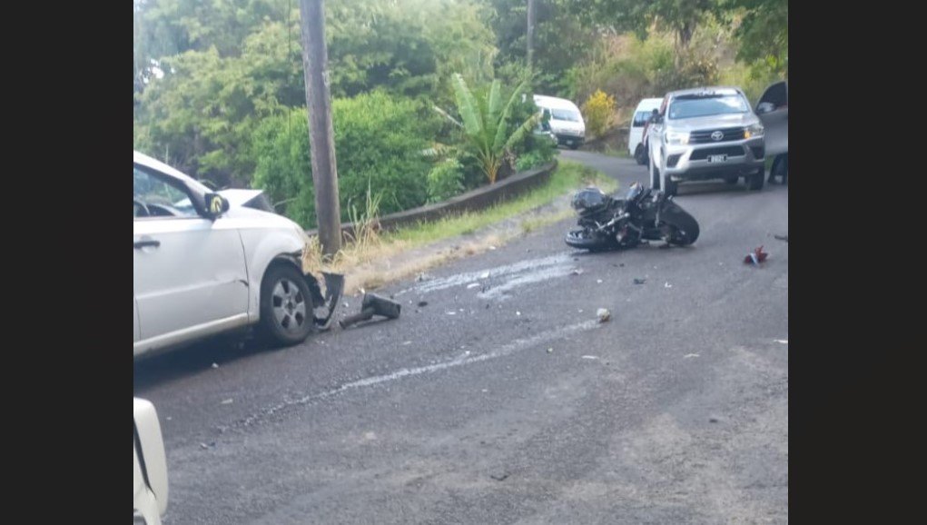 Mangled metal of motorcycle after Barre Denis collision.