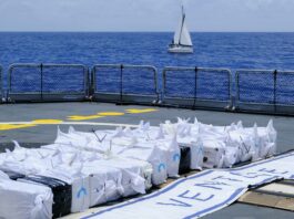 Display of cocaine bales seized off Martinique.
