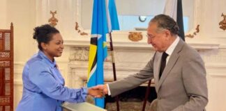 Saint Lucia Ambassador Menissa Rambally (left) shakes hands with Ambassador Munir Akram, Pakistan’s permanent representative at the UN, during their meeting in New York on May 28, 2024.