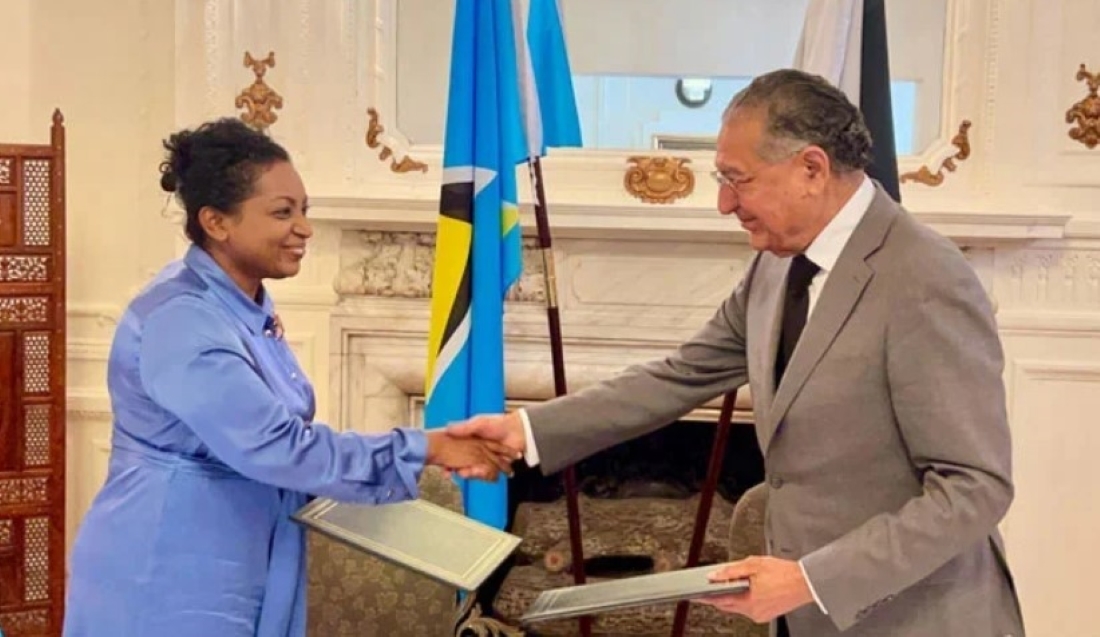 Saint Lucia Ambassador Menissa Rambally (left) shakes hands with Ambassador Munir Akram, Pakistan’s permanent representative at the UN, during their meeting in New York on May 28, 2024.