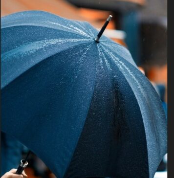 Hand holds black umbrella upon which light raindrops have fallen.