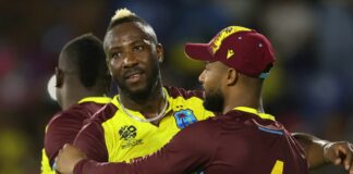West Indies players celebrate after win over Afghanistan.