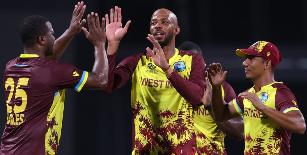 West Indies cricketers celebrate after win over USA.