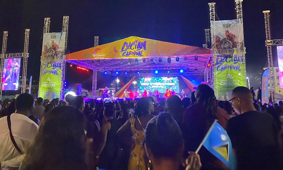 Crown stands near stage at Calypso finals.