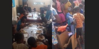 Photo collage of Marchand children at lunch and collecting donated clothing.