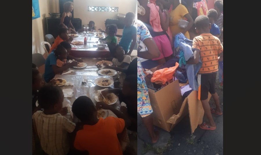 Photo collage of Marchand children at lunch and collecting donated clothing.