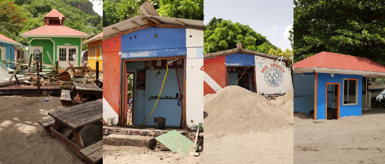 Photo collage of Hurricane Beryl damage to the Soufriere Waterfront