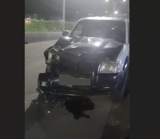 Damaged Ford Ranger after fatal collision with a pedestrian in Castries.