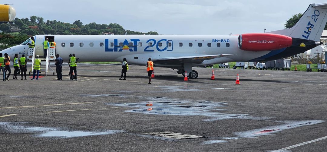 LIAT aircraft on the GFL Charles airport runway.