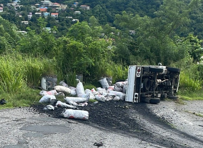 Overturned truck at Anse La Raye