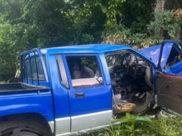 Mangled metal of Mitsubishi pickup after it ran off the road and collided with a tree at Desruisseaux.