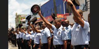 Members of the Saint Lucia Fire Service celebrate the organisation's 50th anniversary.