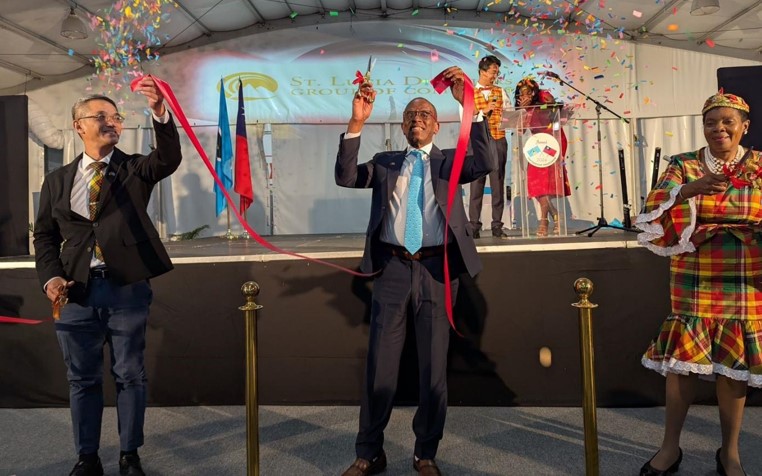 PHOTO: H.E. Peter Chia-Yen Chen, Taiwan’s Ambassador to Saint Lucia, joins Hon. Philip J. Pierre, Prime Minister and Minister for Finance, Economic Development and Youth Economy, and Minister for Justice and National Security, and Hon. Emma Hippolyte, Minister for Commerce, Manufacturing, Business Development, Cooperatives and Consumer Affairs, for the ribbon cutting at the opening ceremony on Thursday evening, October 31, 2024, at The Pavilion on the Ramp, Rodney Bay.