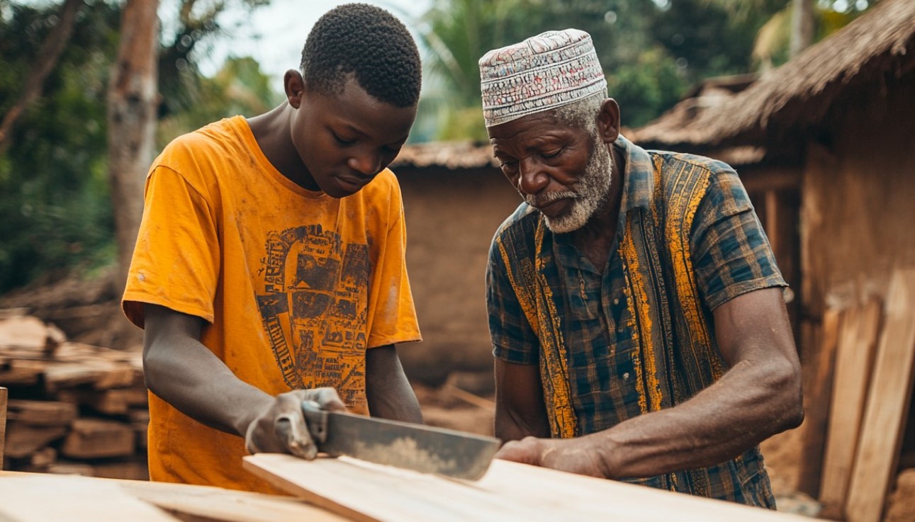 Older man teaches boy wood craft.