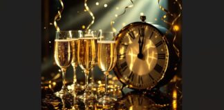 Glasses filled with champagne with clock in the background.