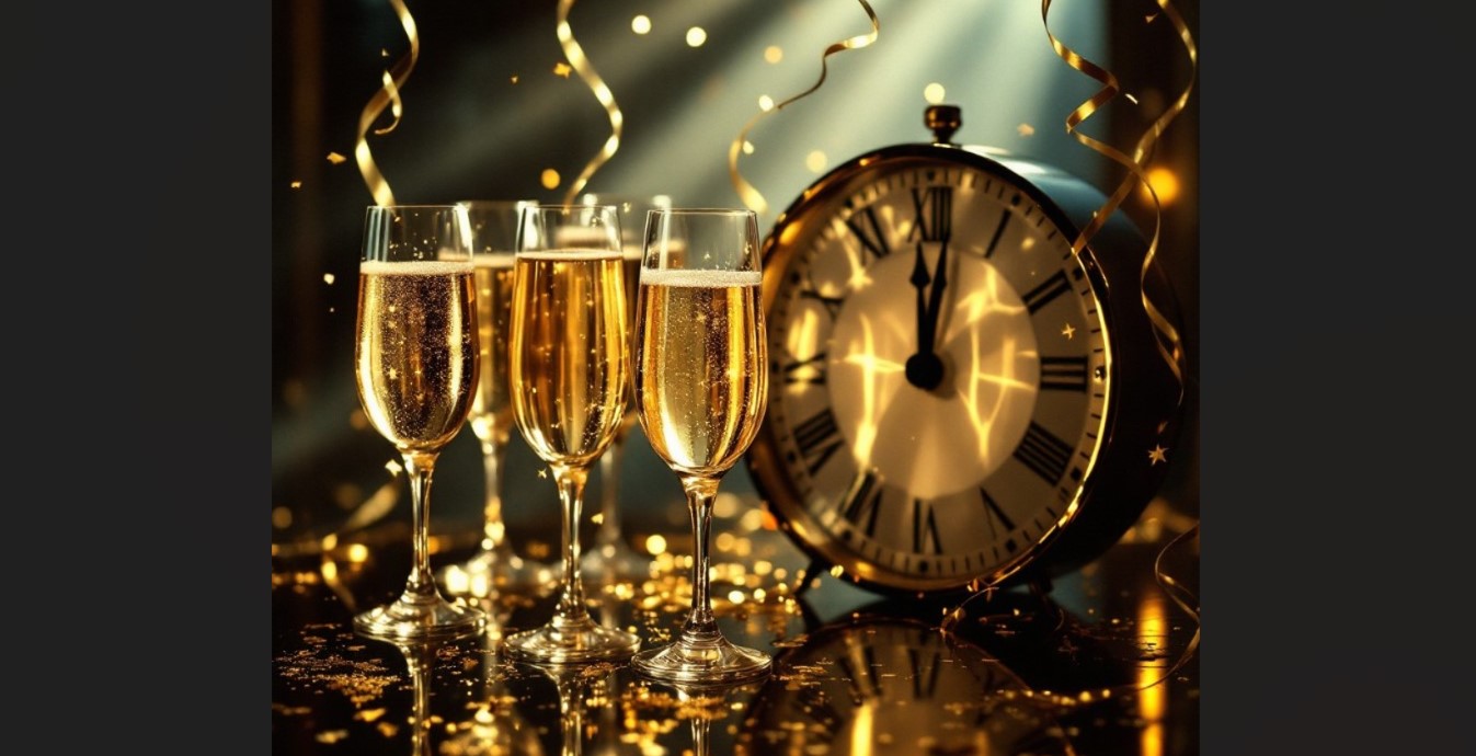 Glasses filled with champagne with clock in the background.